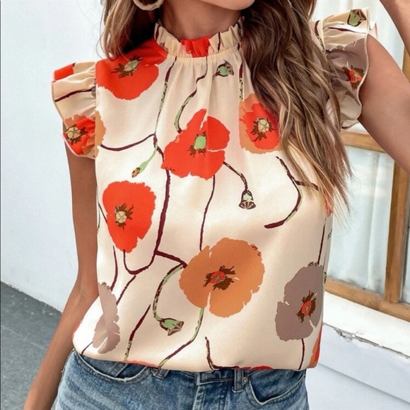 Boho Floral Print Ruffle Flutter Sleeve Blouse Top - Picture 1 of 7